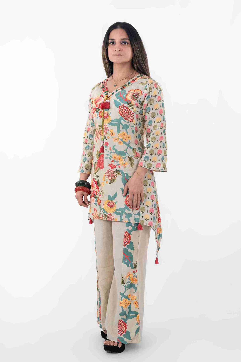 Floral Printed Asymmetrical Kurta & Pants Set