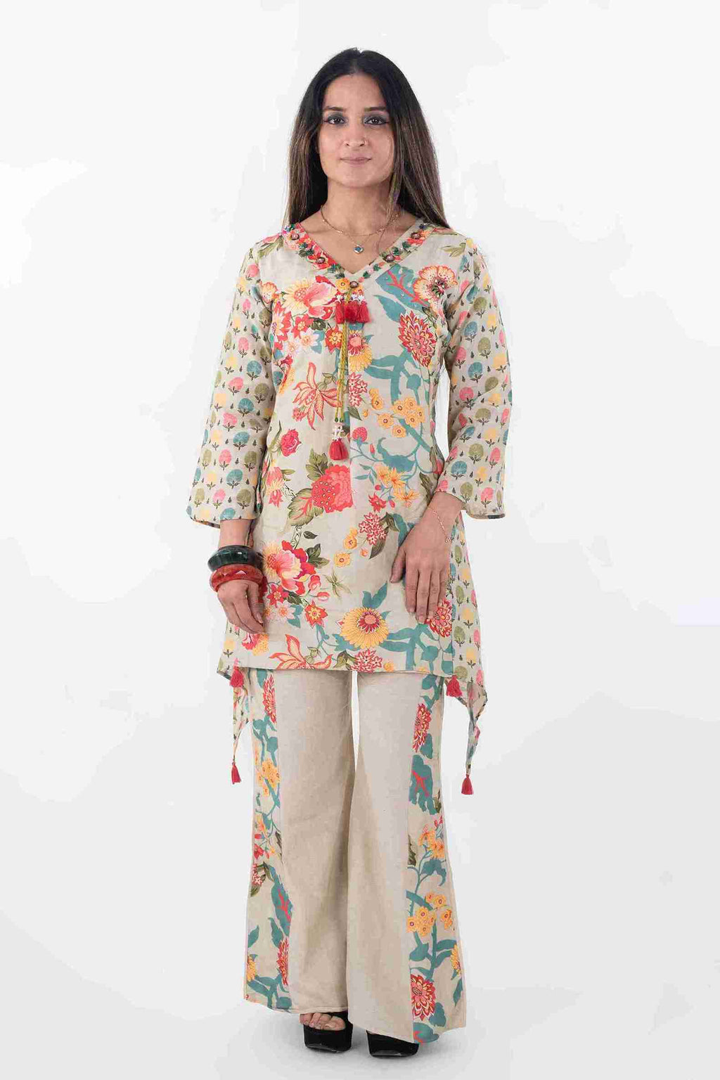 Floral Printed Asymmetrical Kurta & Pants Set