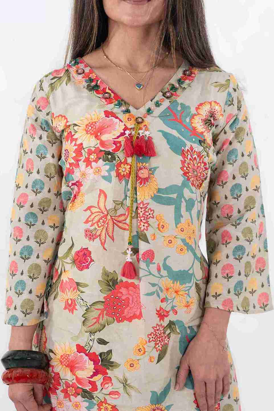 Floral Printed Asymmetrical Kurta & Pants Set