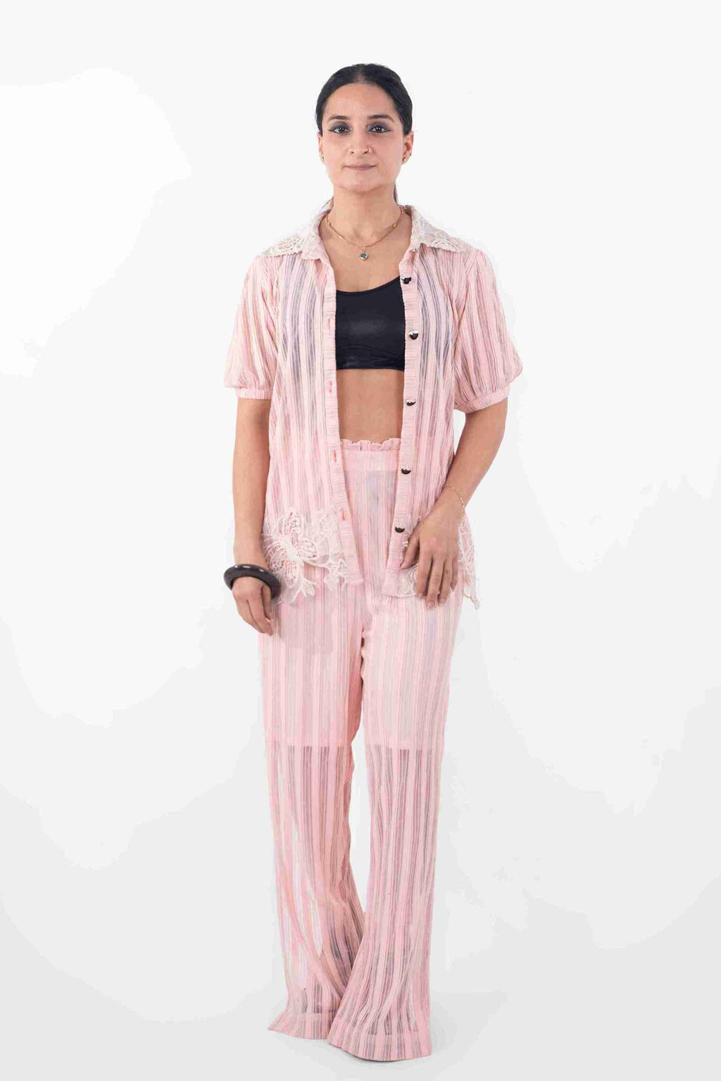 Sheer Stripe Shirt & Pants Co-Ord Set